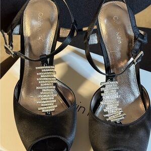 Calvin Klein Black Satin Heels with crystal Accents